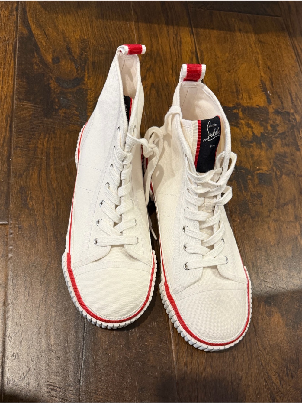Christian Louboutin White High-Top Sneakers with Red Trim